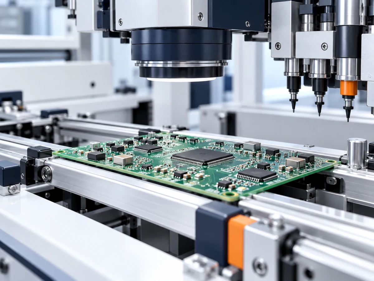 Illustrative PCB transport and optical inspection scene