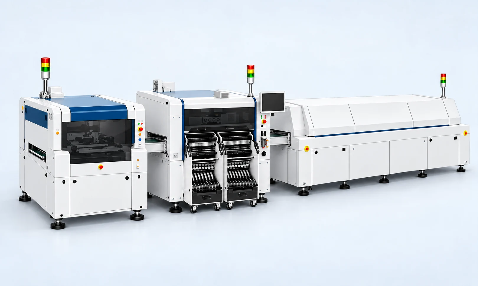 Illustrative printer, placement machine and reflow oven arranged along one SMT production line