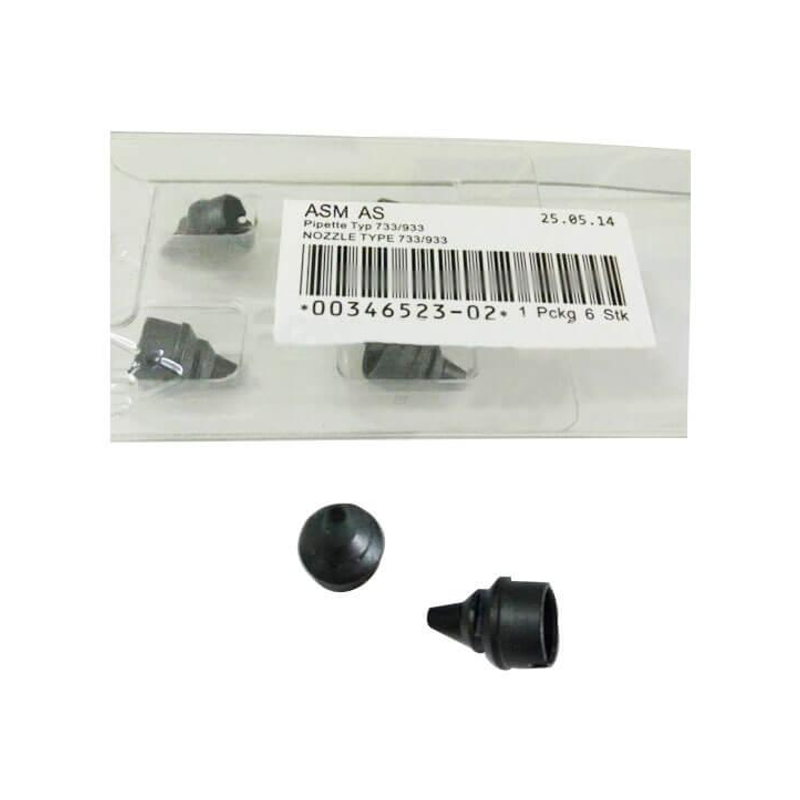 Historical 733/933 nozzle views and package label. The listing gives base reference 00346523 while the photographed label includes -02; neither the picture nor its printed packing information establishes a current offered lot.