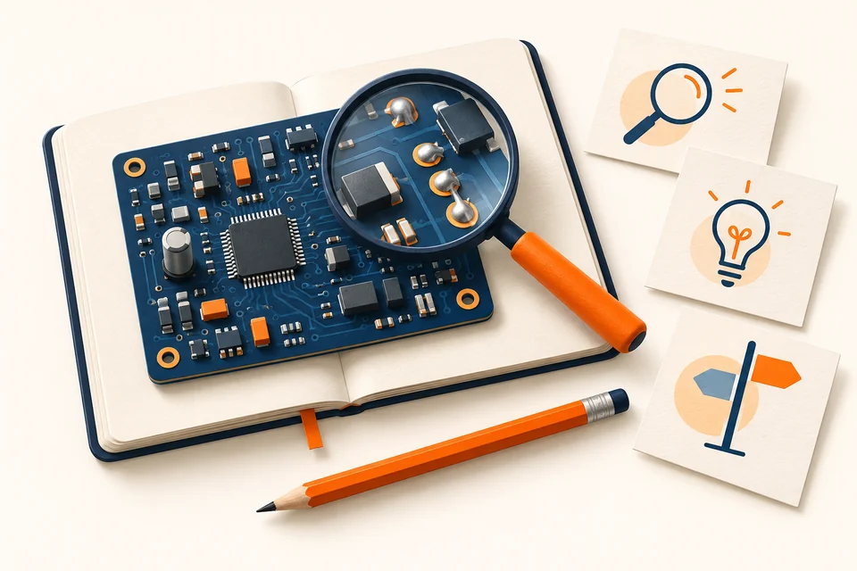 Illustration of a PCB on an open notebook, with a magnifying glass and learning notes