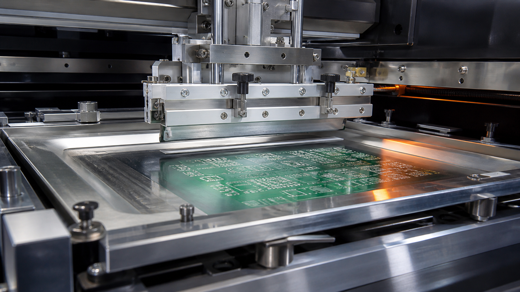 Stencil printer process showing board support, paste transfer and inspection